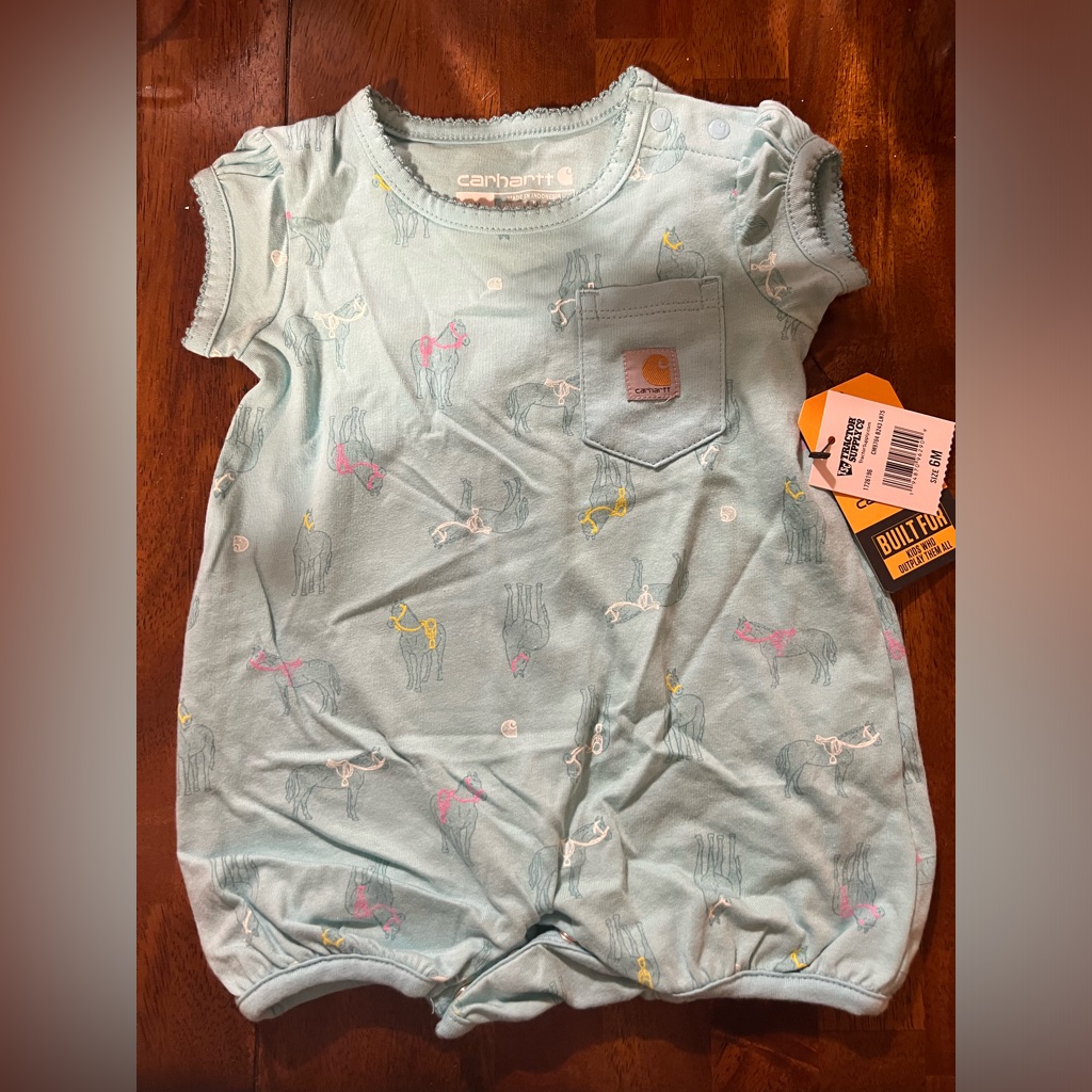 Carhartt Short Sleeve Horse Print Romper, Blue, Size 6 Months, Nwt